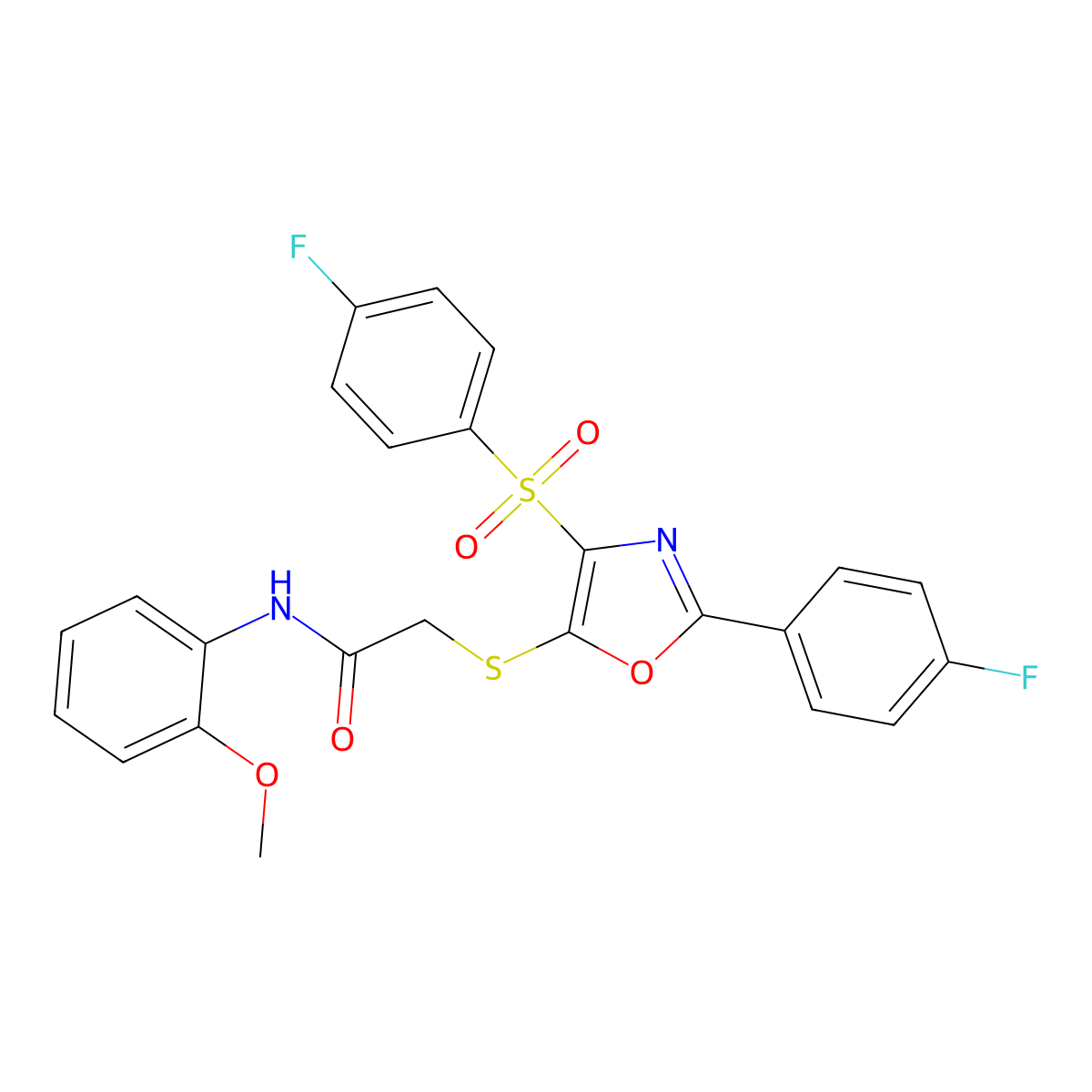 2-((2-(4-fluorophenyl)-4-((4-fluorophenyl)sulfonyl)oxazol-5-yl)thio)-N-(2-methoxyphenyl)acetamide molecular structure, CAS 850927-26-3