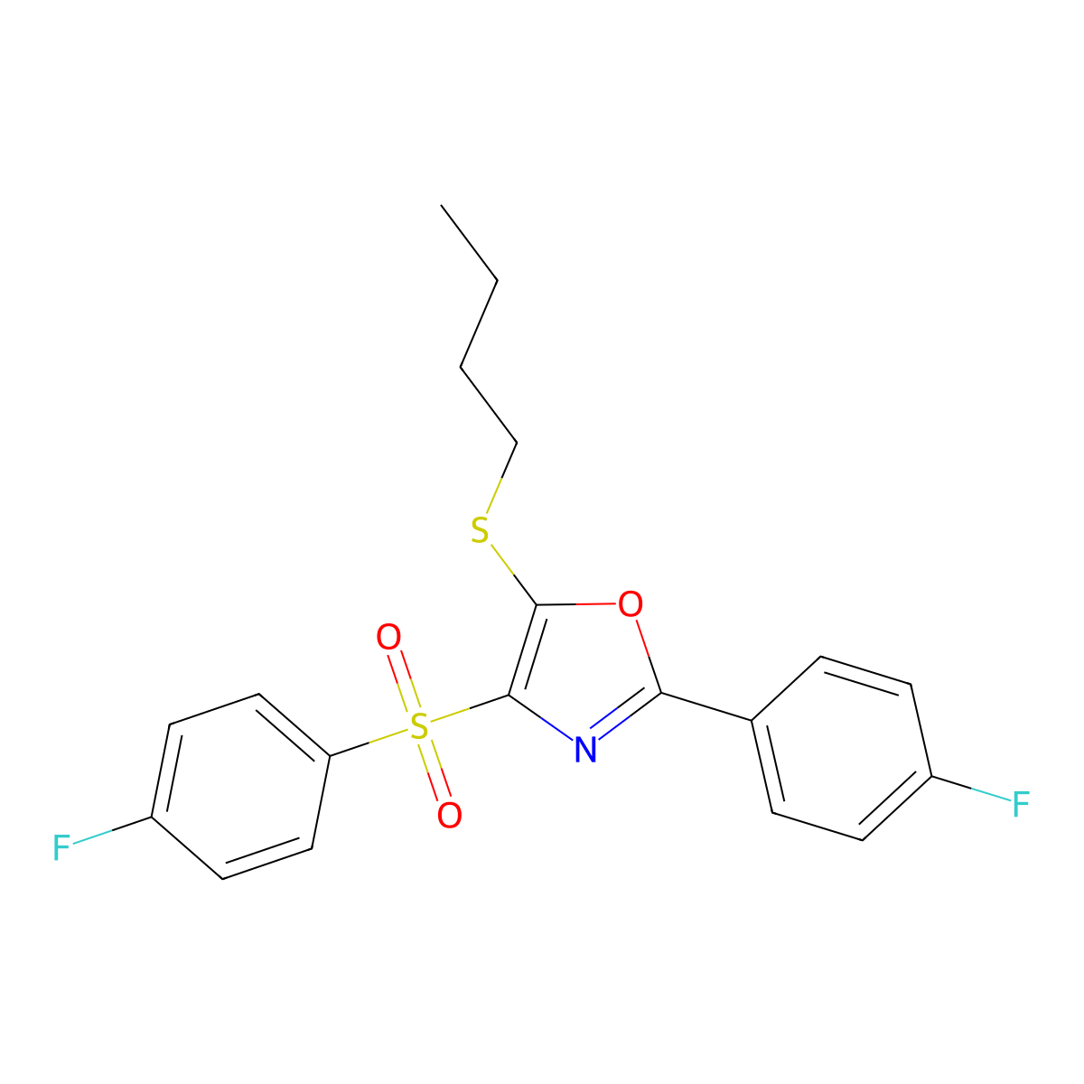5-(Butylthio)-2-(4-fluorophenyl)-4-((4-fluorophenyl)sulfonyl)oxazole molecular structure, CAS 850927-31-0