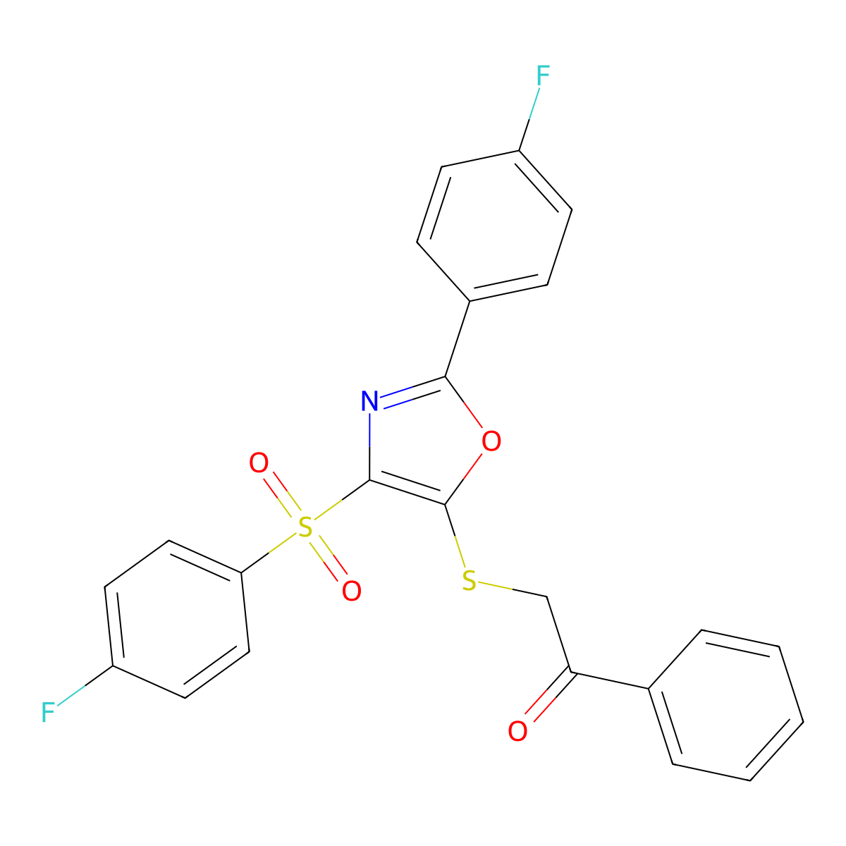 2-((2-(4-Fluorophenyl)-4-((4-fluorophenyl)sulfonyl)oxazol-5-yl)thio)-1-phenylethanone molecular structure, CAS 850927-33-2