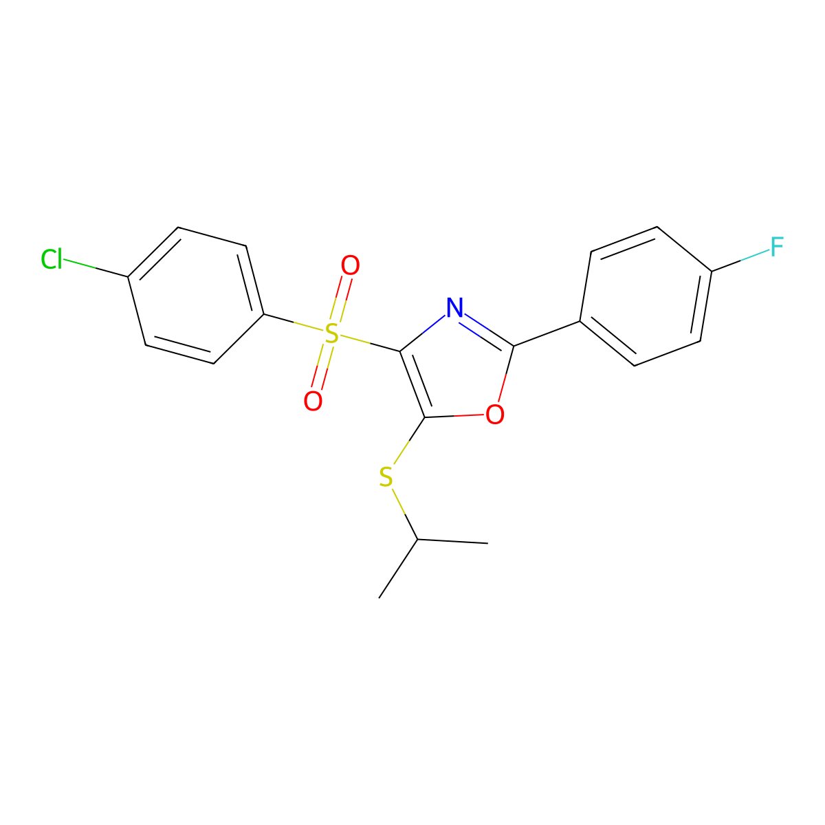 4-(4-Chlorophenyl)sulfonyl-2-(4-fluorophenyl)-5-propan-2-ylsulfanyl-1,3-oxazole molecular structure, CAS 850927-38-7