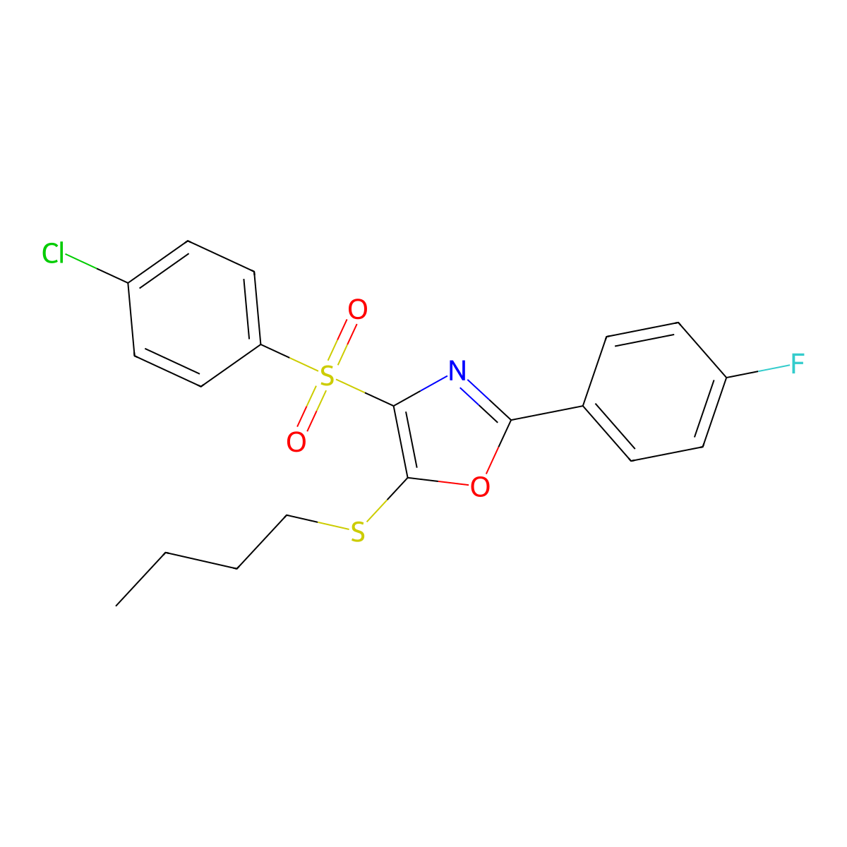 5-Butylsulfanyl-4-(4-chlorophenyl)sulfonyl-2-(4-fluorophenyl)-1,3-oxazole molecular structure, CAS 850927-39-8