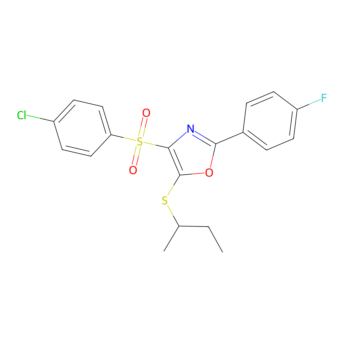 5-(Sec-butylthio)-4-((4-chlorophenyl)sulfonyl)-2-(4-fluorophenyl)oxazole molecular structure, CAS 850927-40-1
