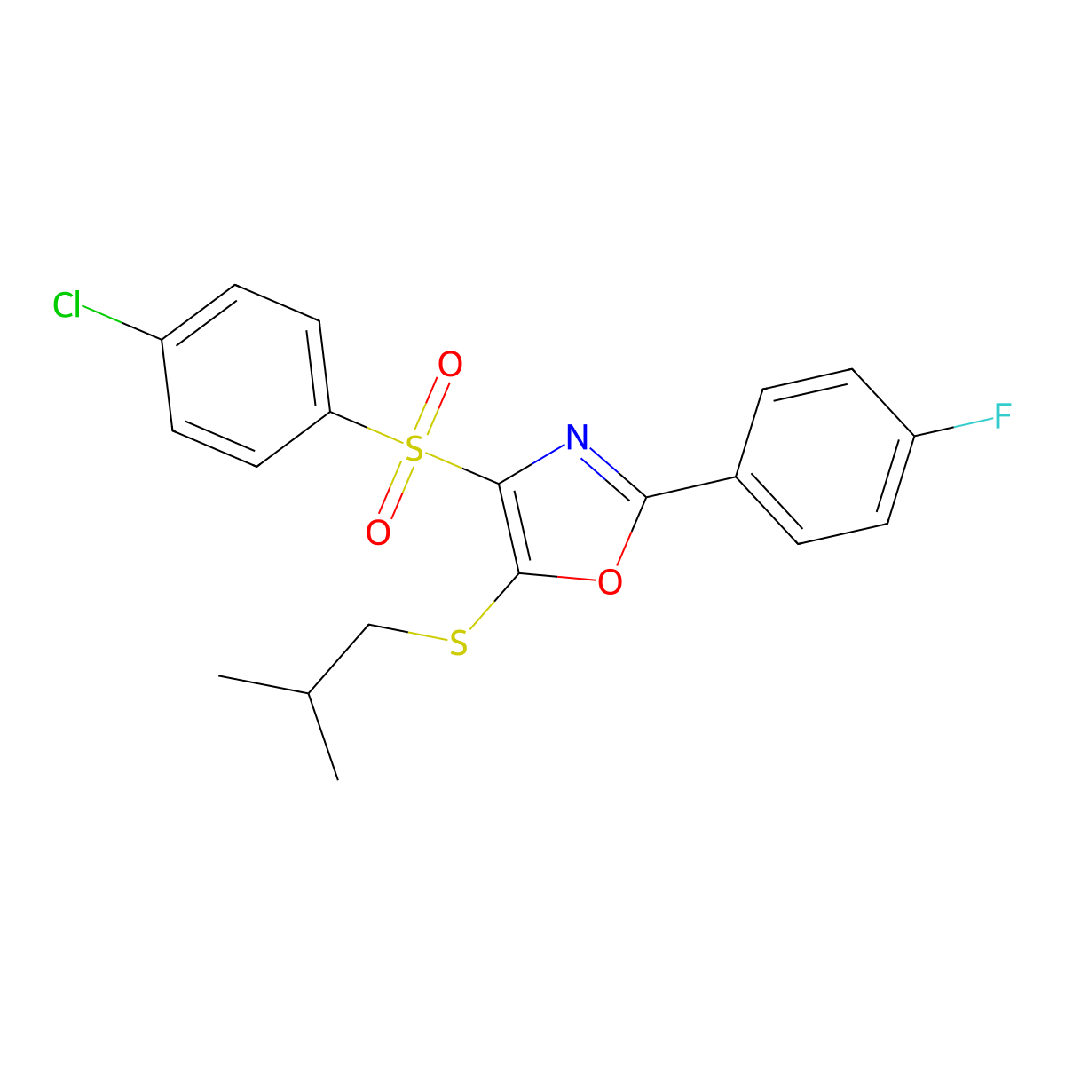 4-((4-Chlorophenyl)sulfonyl)-2-(4-fluorophenyl)-5-(isobutylthio)oxazole molecular structure, CAS 850927-42-3