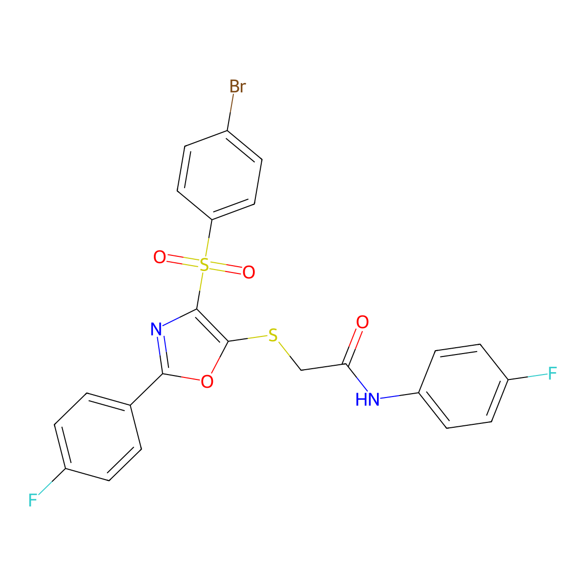 2-((4-((4-bromophenyl)sulfonyl)-2-(4-fluorophenyl)oxazol-5-yl)thio)-N-(4-fluorophenyl)acetamide molecular structure, CAS 850927-43-4