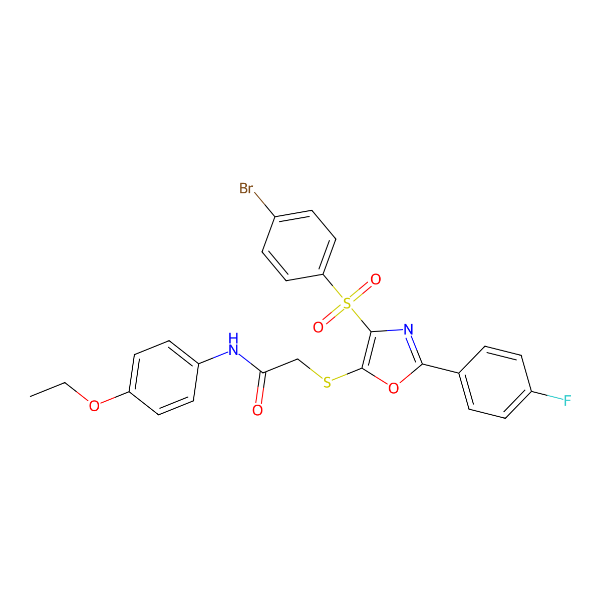2-[[4-(4-bromophenyl)sulfonyl-2-(4-fluorophenyl)-1,3-oxazol-5-yl]sulfanyl]-N-(4-ethoxyphenyl)acetamide molecular structure, CAS 850927-44-5