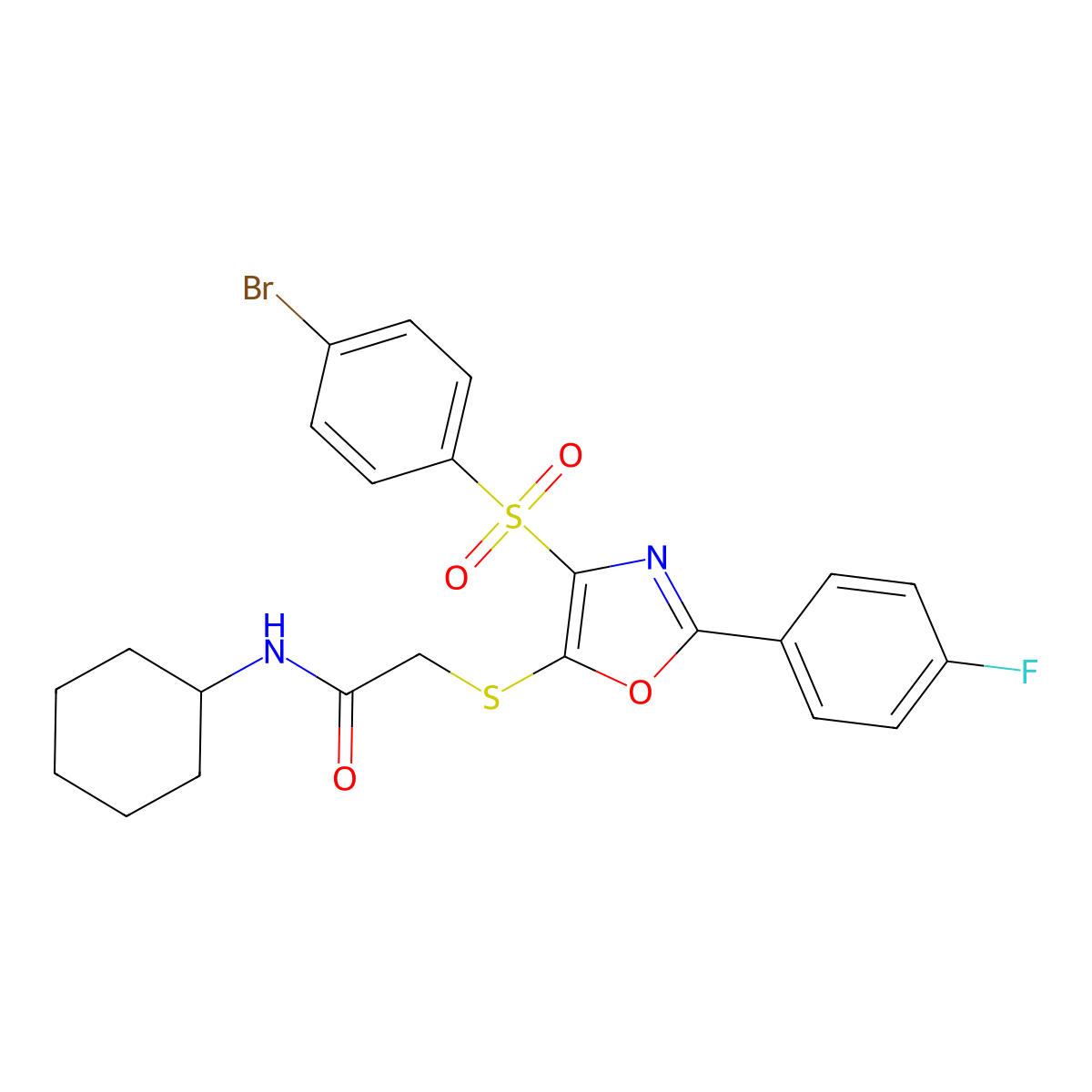 2-((4-((4-bromophenyl)sulfonyl)-2-(4-fluorophenyl)oxazol-5-yl)thio)-N-cyclohexylacetamide molecular structure, CAS 850927-46-7