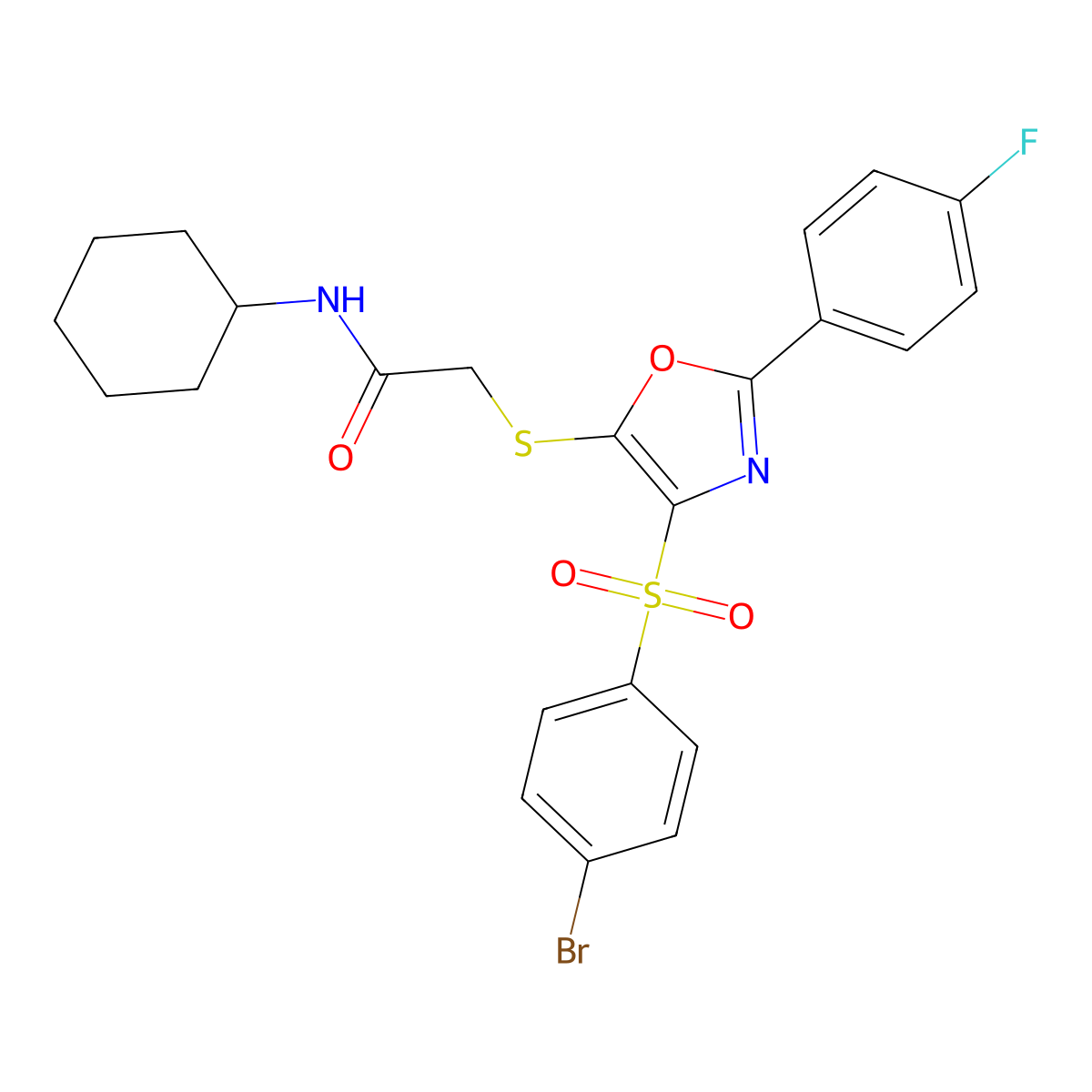 2-((4-((4-bromophenyl)sulfonyl)-2-(4-fluorophenyl)oxazol-5-yl)thio)-N-cyclohexylacetamide molecular structure, CAS 850927-46-7