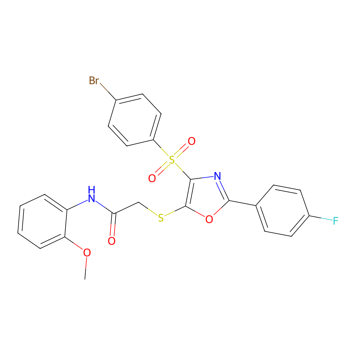 2-((4-((4-bromophenyl)sulfonyl)-2-(4-fluorophenyl)oxazol-5-yl)thio)-N-(2-methoxyphenyl)acetamide molecular structure, CAS 850927-47-8