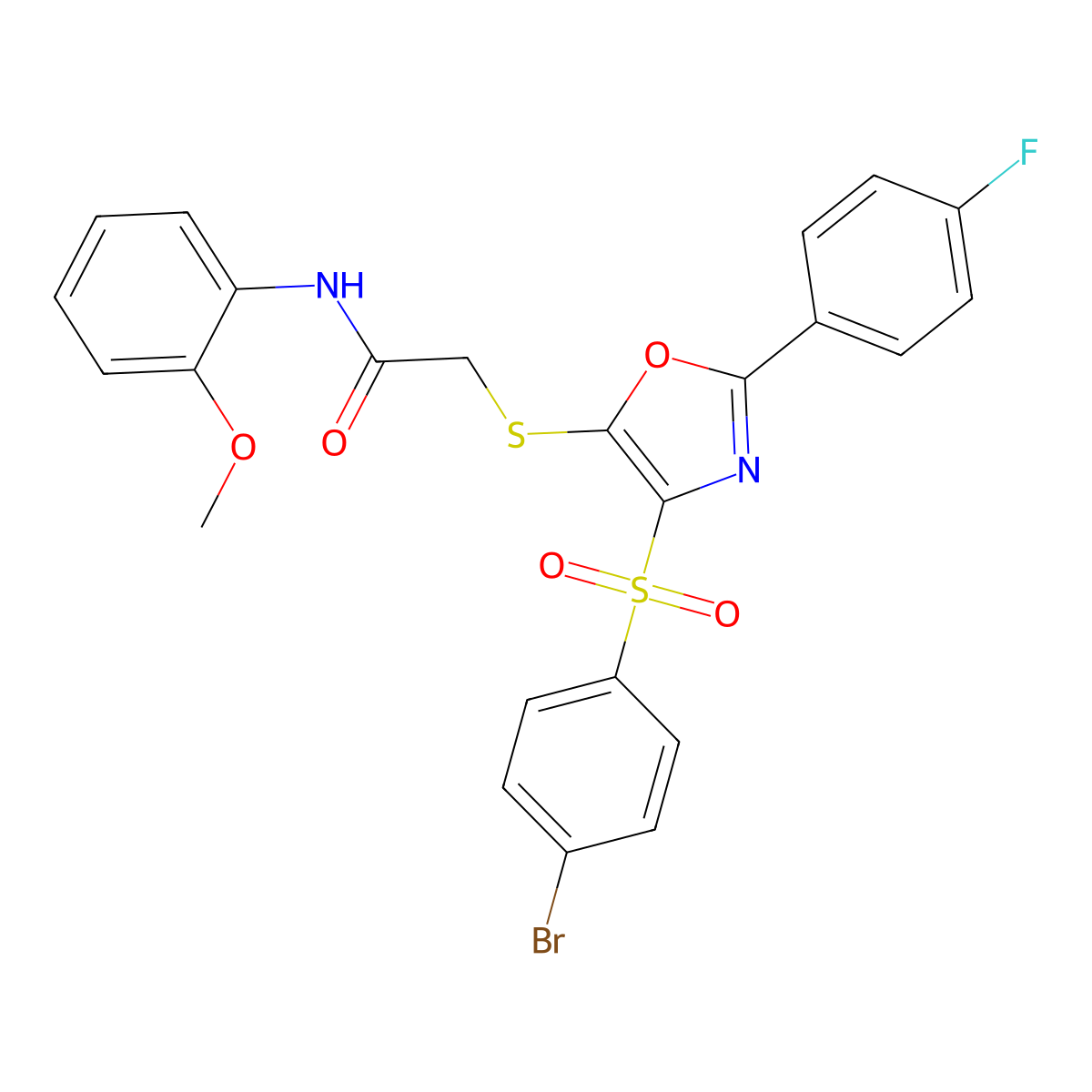 2-((4-((4-bromophenyl)sulfonyl)-2-(4-fluorophenyl)oxazol-5-yl)thio)-N-(2-methoxyphenyl)acetamide molecular structure, CAS 850927-47-8
