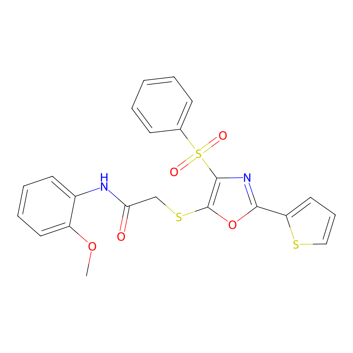 2-{[4-(benzenesulfonyl)-2-(thiophen-2-yl)-1,3-oxazol-5-yl]sulfanyl}-N-(2-methoxyphenyl)acetamide molecular structure, CAS 850927-54-7
