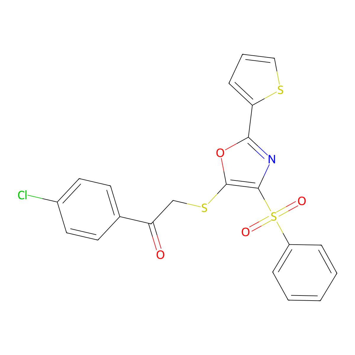 1-(4-Chlorophenyl)-2-((4-(phenylsulfonyl)-2-(thiophen-2-yl)oxazol-5-yl)thio)ethanone molecular structure, CAS 850927-63-8