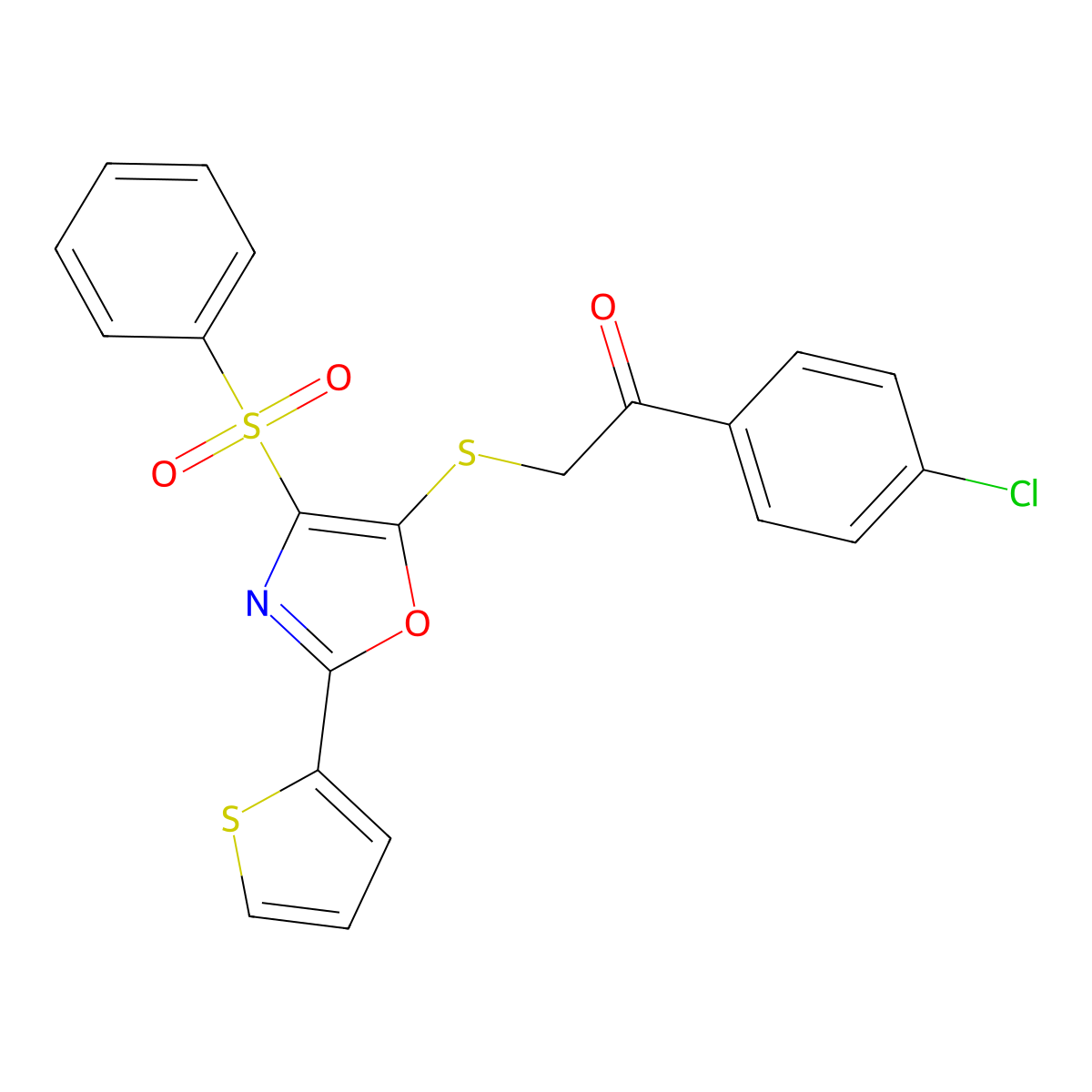 1-(4-Chlorophenyl)-2-((4-(phenylsulfonyl)-2-(thiophen-2-yl)oxazol-5-yl)thio)ethanone molecular structure, CAS 850927-63-8
