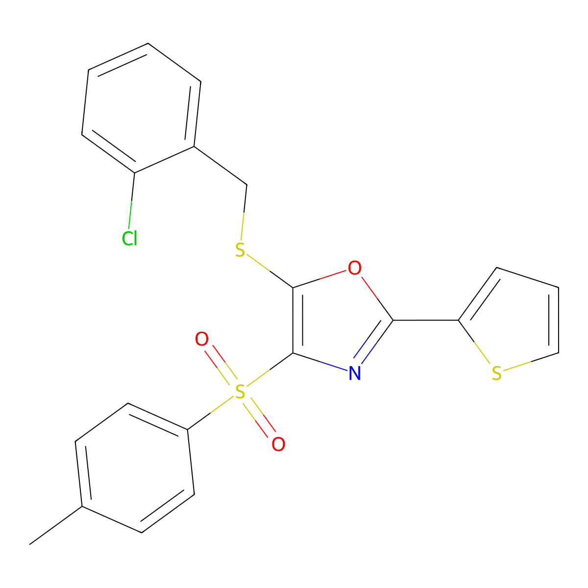 5-((2-Chlorobenzyl)thio)-2-(thiophen-2-yl)-4-tosyloxazole molecular structure, CAS 850927-71-8