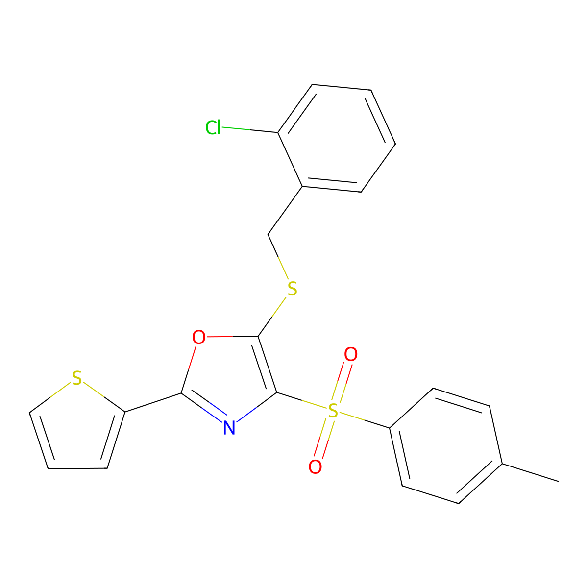 5-((2-Chlorobenzyl)thio)-2-(thiophen-2-yl)-4-tosyloxazole molecular structure, CAS 850927-71-8