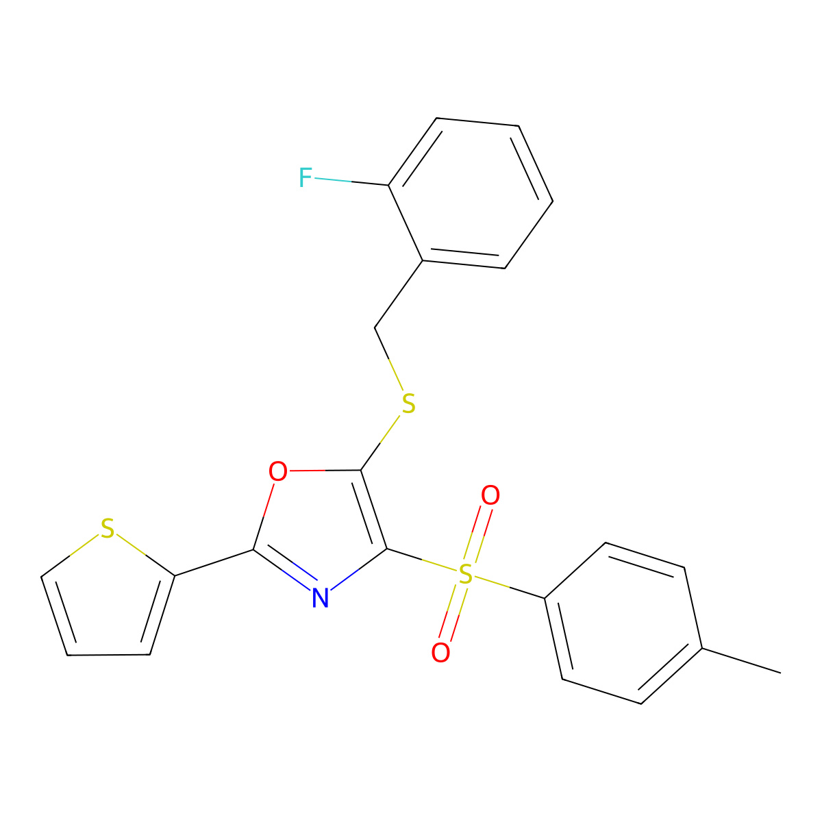 5-((2-Fluorobenzyl)thio)-2-(thiophen-2-yl)-4-tosyloxazole molecular structure, CAS 850927-73-0