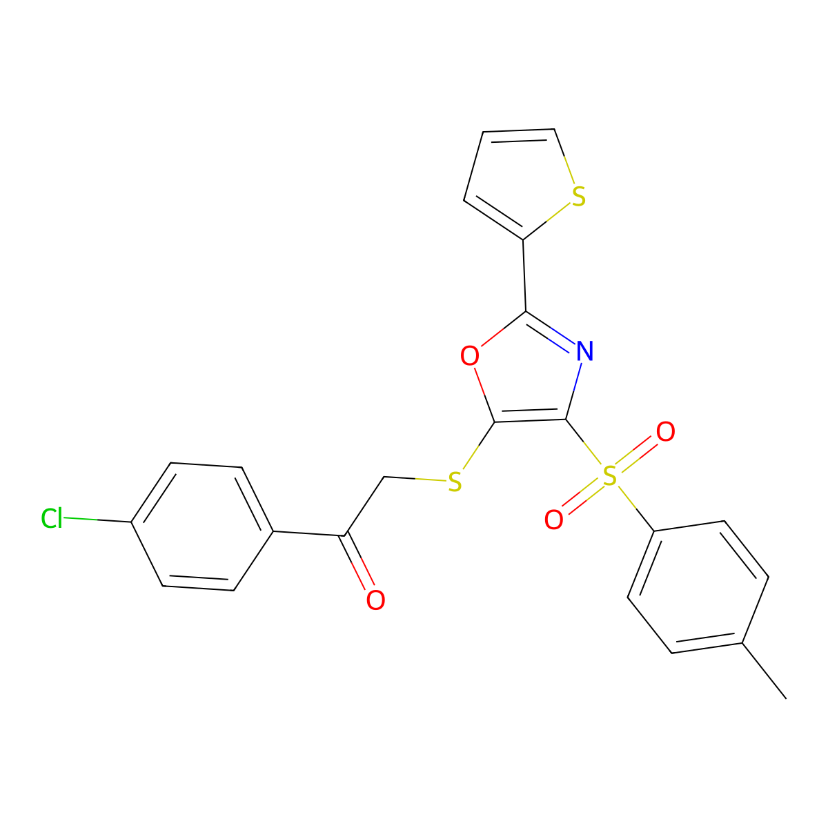 1-(4-Chlorophenyl)-2-((2-(thiophen-2-yl)-4-tosyloxazol-5-yl)thio)ethanone molecular structure, CAS 850927-75-2