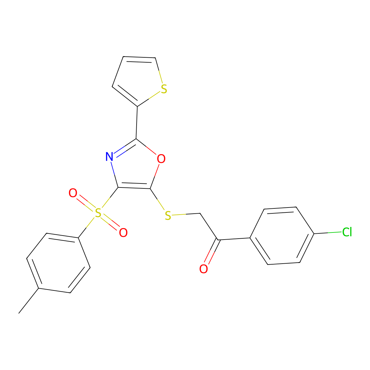 1-(4-Chlorophenyl)-2-((2-(thiophen-2-yl)-4-tosyloxazol-5-yl)thio)ethanone molecular structure, CAS 850927-75-2