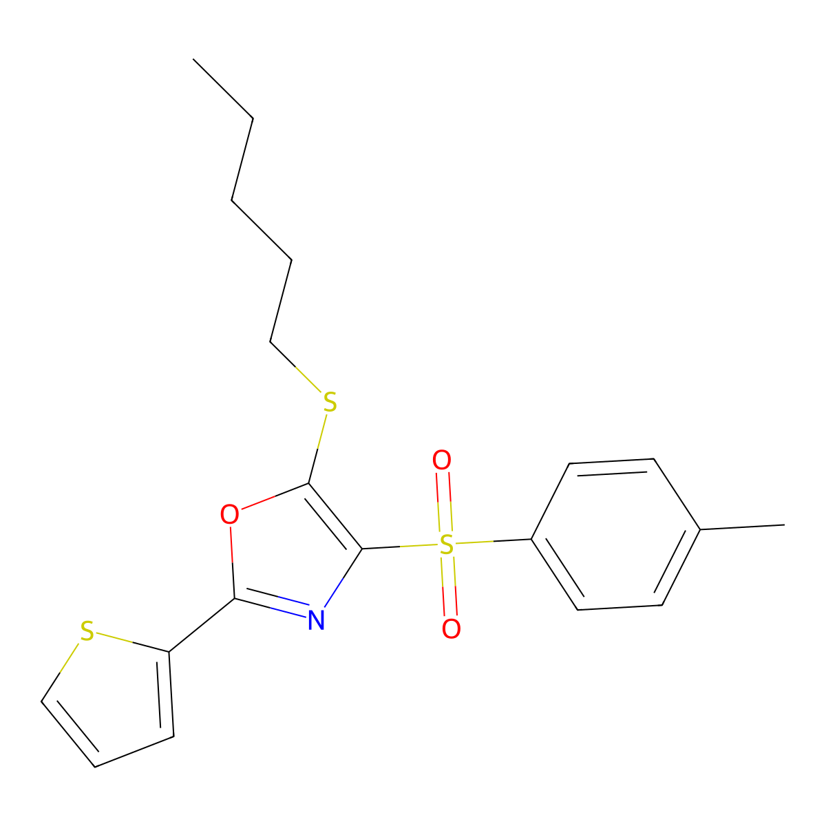 5-(Pentylthio)-2-(thiophen-2-yl)-4-tosyloxazole molecular structure, CAS 850927-77-4