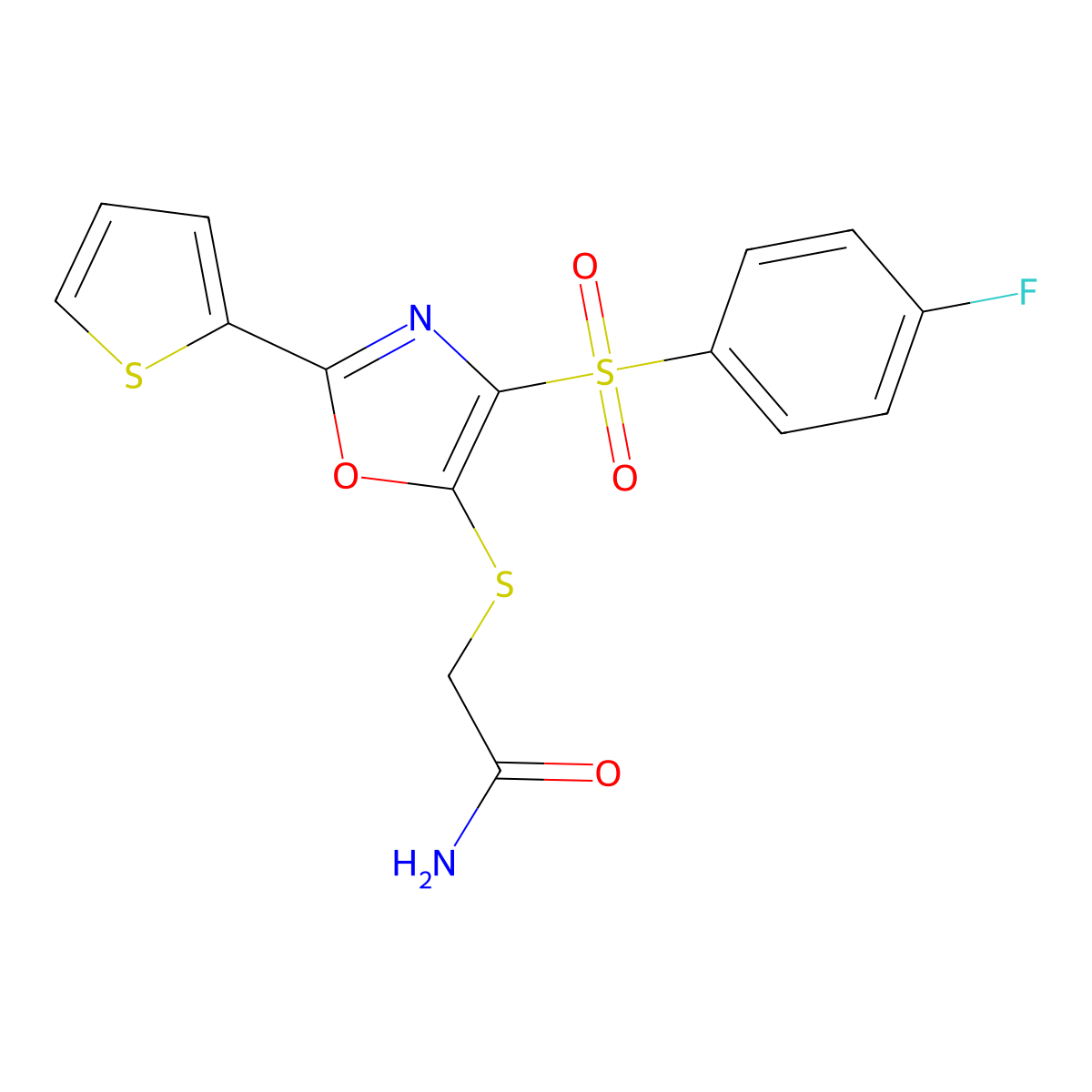 2-{4-[(4-Fluorophenyl)sulfonyl]-2-(2-thienyl)-1,3-oxazol-5-ylthio}acetamide molecular structure, CAS 850927-84-3