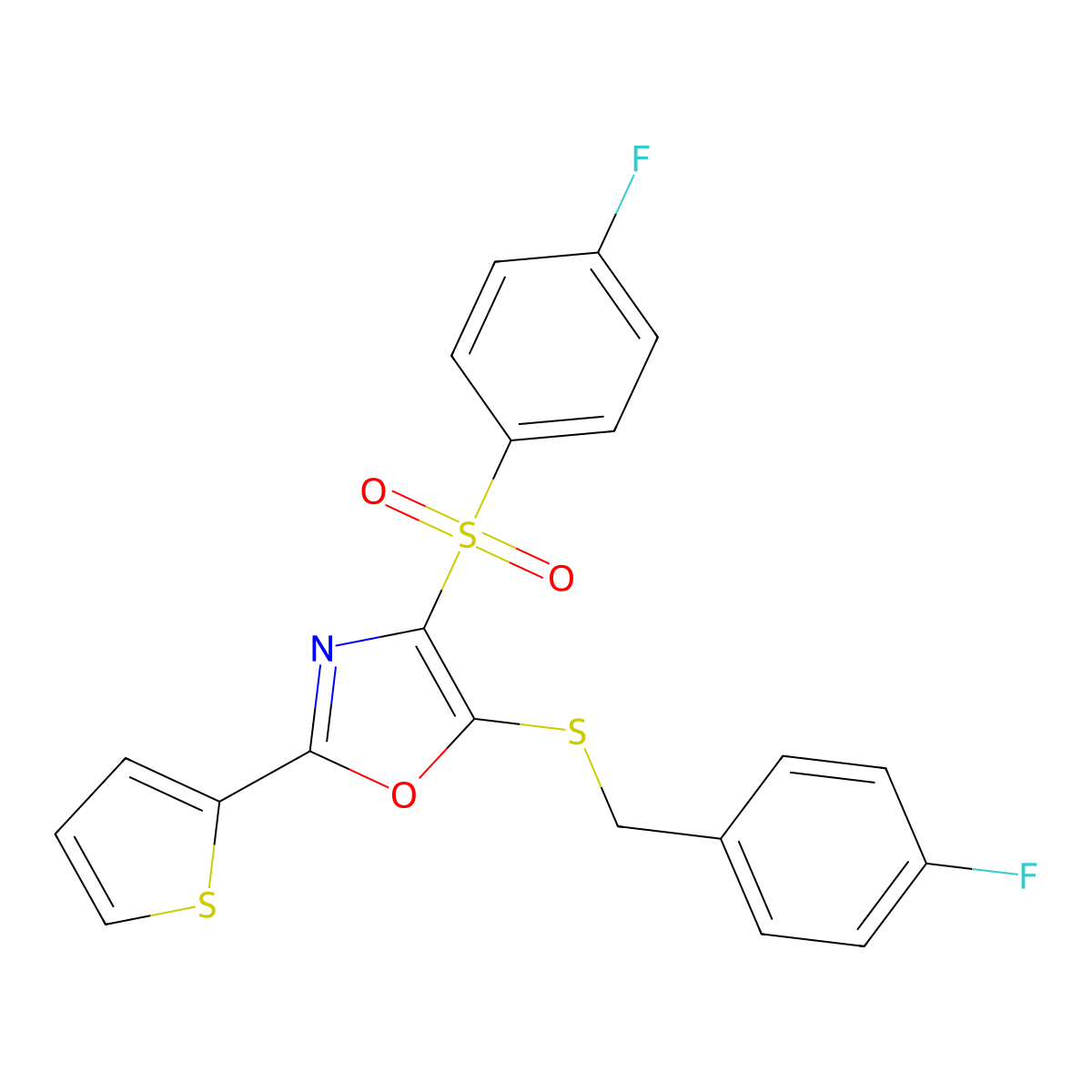 5-((4-Fluorobenzyl)thio)-4-((4-fluorophenyl)sulfonyl)-2-(thiophen-2-yl)oxazole molecular structure, CAS 850927-92-3
