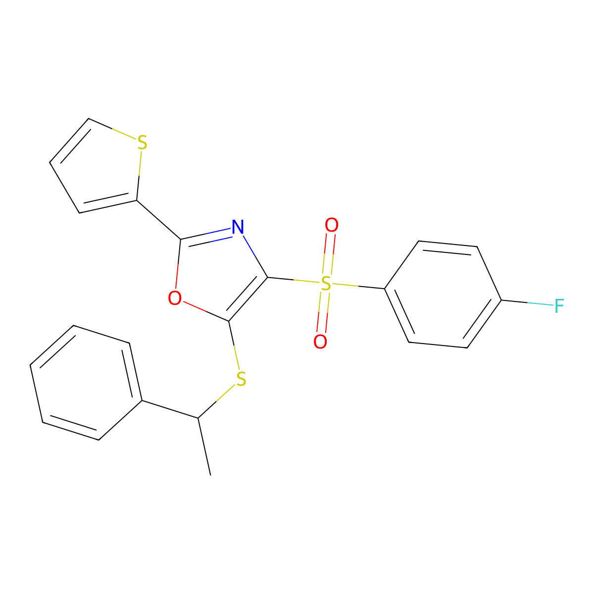 4-((4-Fluorophenyl)sulfonyl)-5-((1-phenylethyl)thio)-2-(thiophen-2-yl)oxazole molecular structure, CAS 850927-93-4