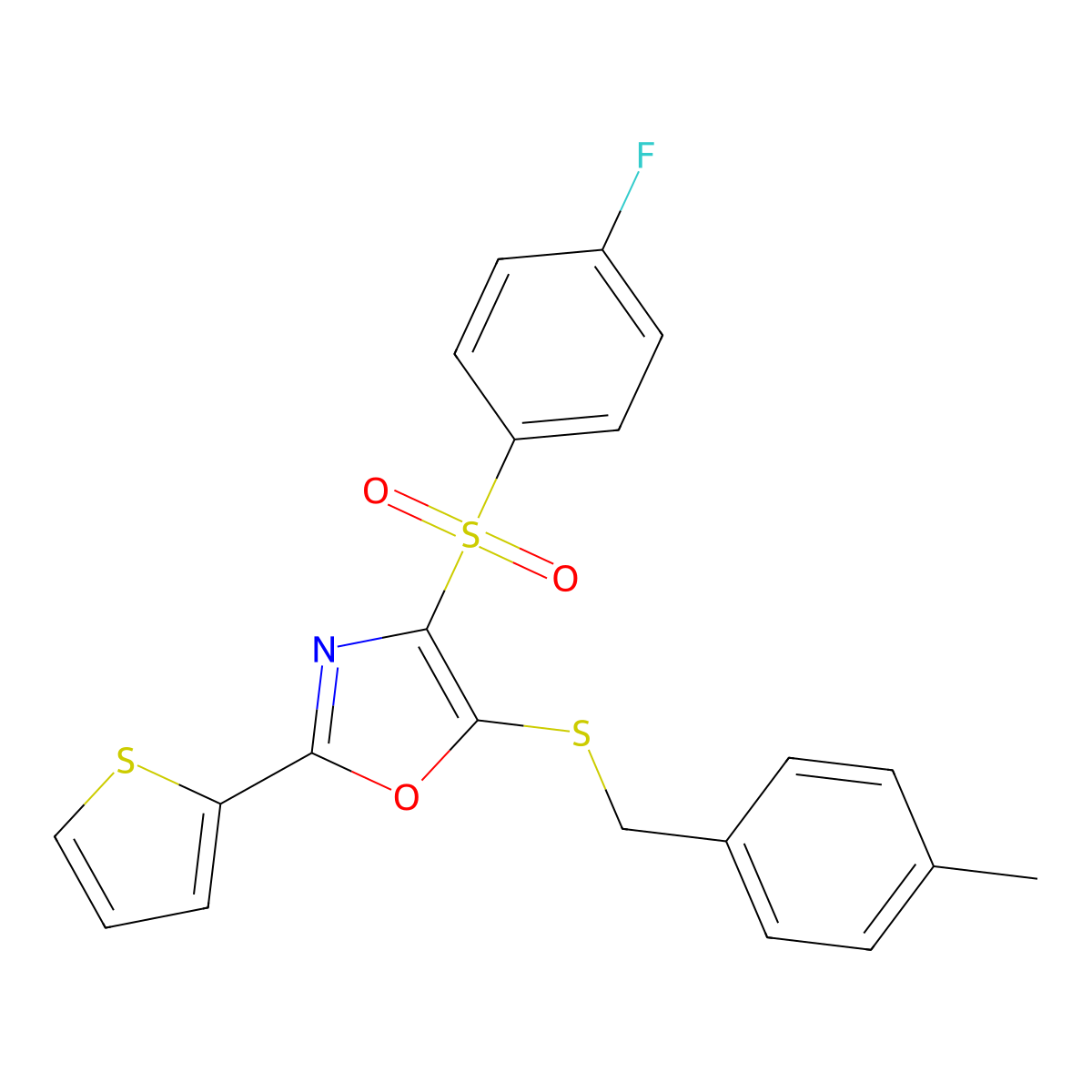 4-((4-Fluorophenyl)sulfonyl)-5-((4-methylbenzyl)thio)-2-(thiophen-2-yl)oxazole molecular structure, CAS 850927-95-6