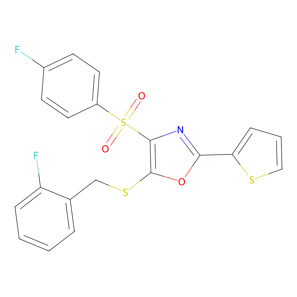 5-((2-Fluorobenzyl)thio)-4-((4-fluorophenyl)sulfonyl)-2-(thiophen-2-yl)oxazole molecular structure, CAS 850927-96-7