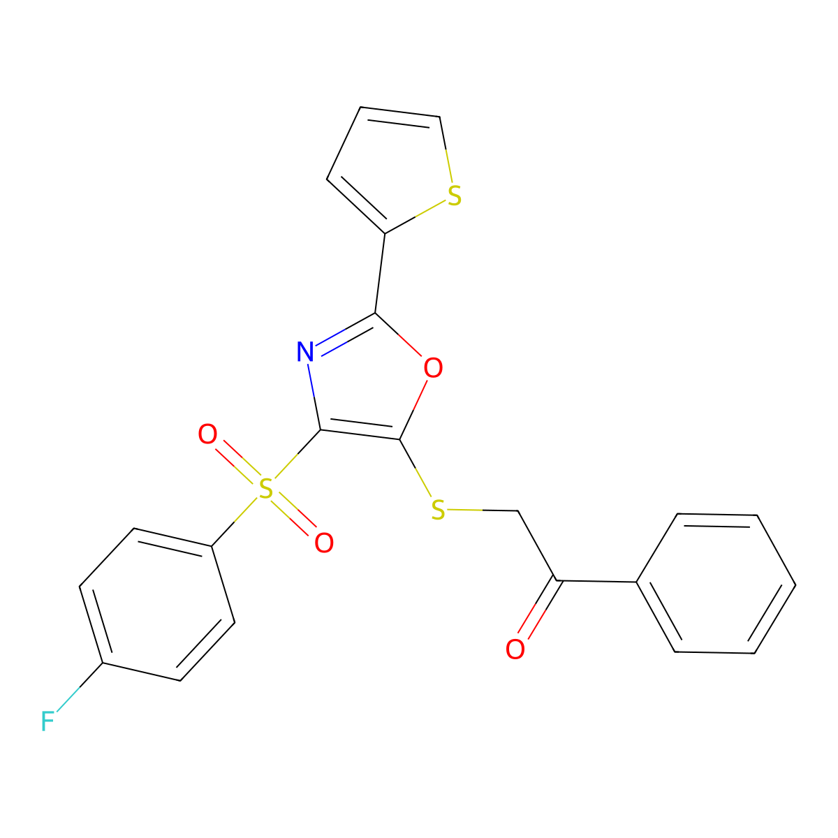 2-((4-((4-Fluorophenyl)sulfonyl)-2-(thiophen-2-yl)oxazol-5-yl)thio)-1-phenylethanone molecular structure, CAS 850927-97-8