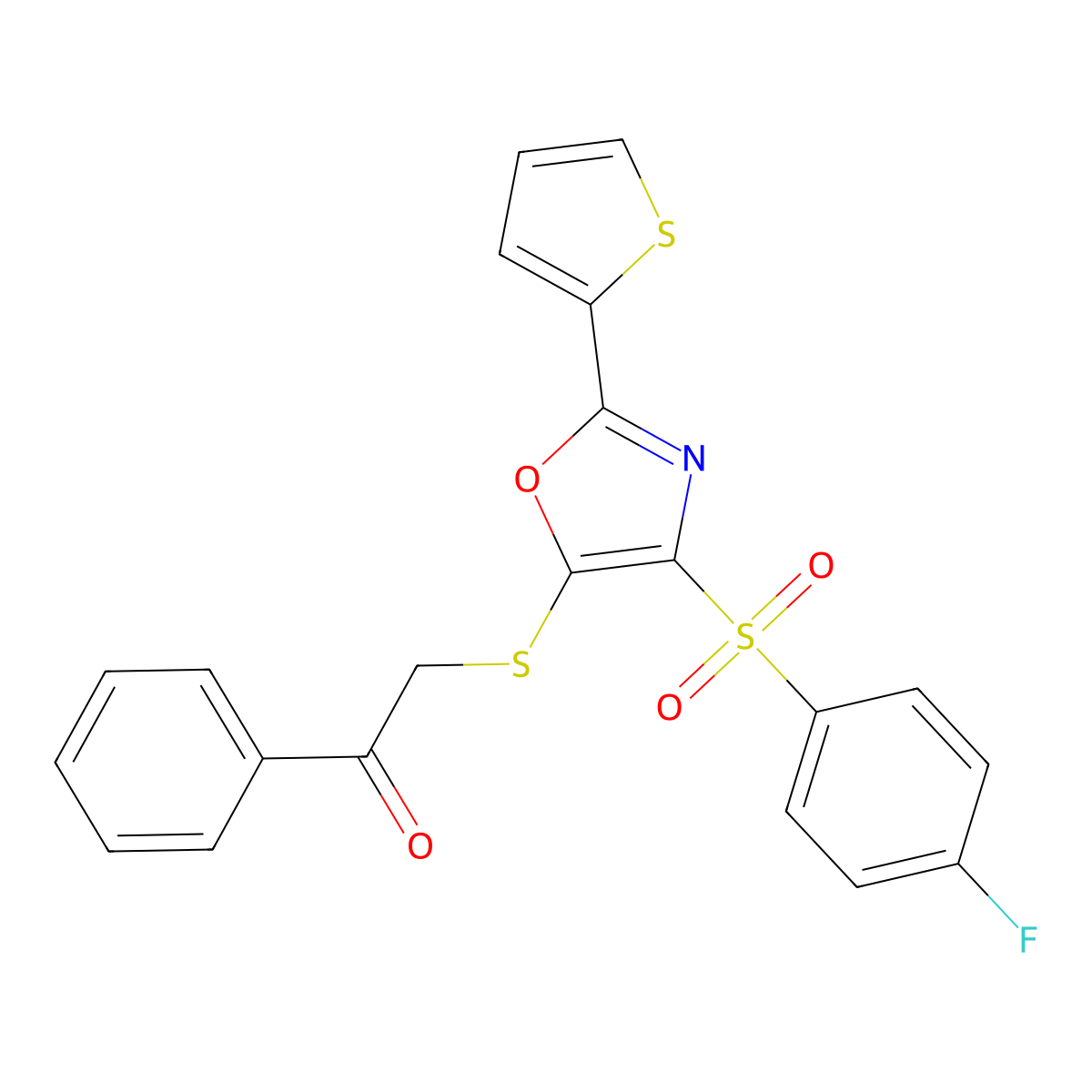 2-((4-((4-Fluorophenyl)sulfonyl)-2-(thiophen-2-yl)oxazol-5-yl)thio)-1-phenylethanone molecular structure, CAS 850927-97-8