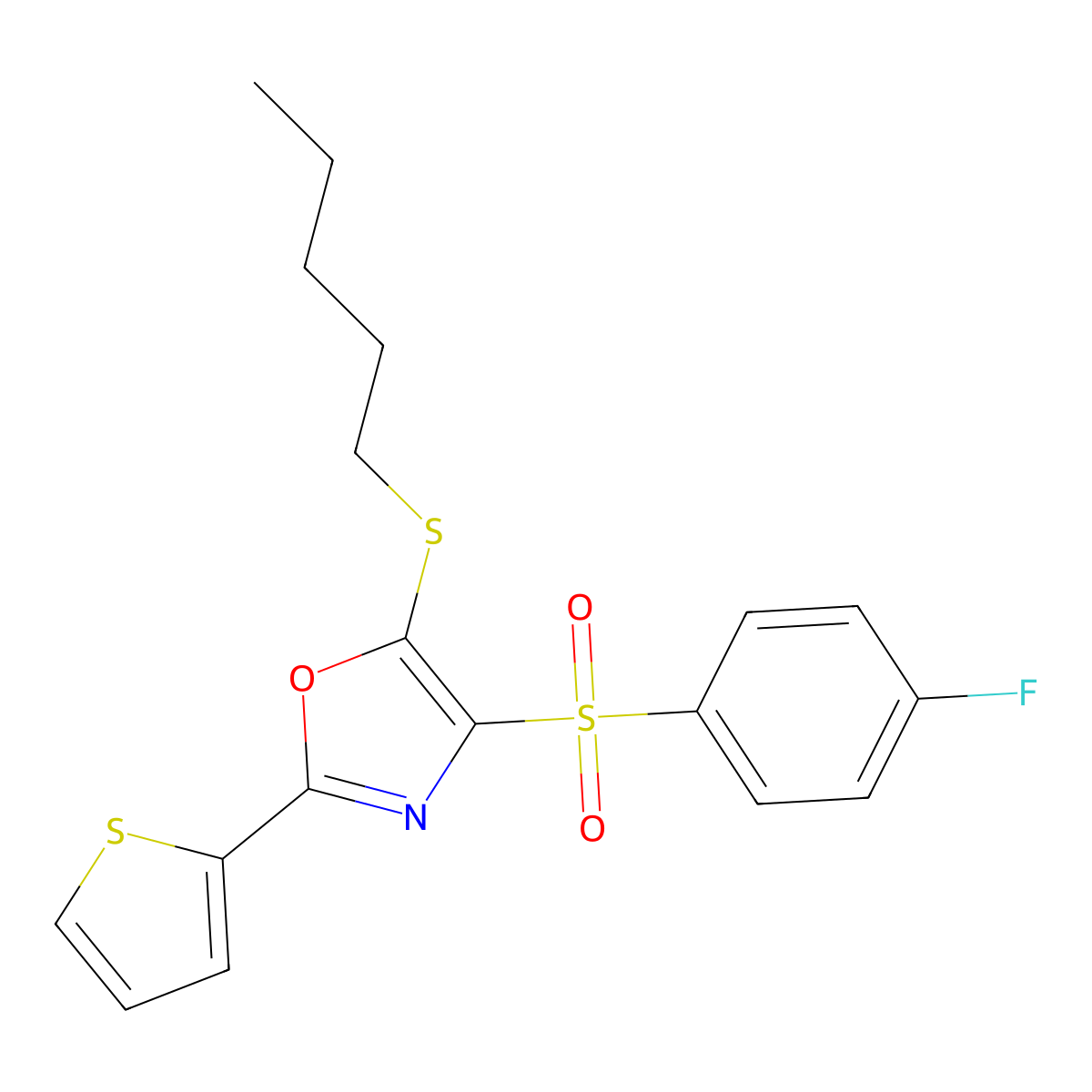 4-((4-Fluorophenyl)sulfonyl)-5-(pentylthio)-2-(thiophen-2-yl)oxazole molecular structure, CAS 850928-00-6