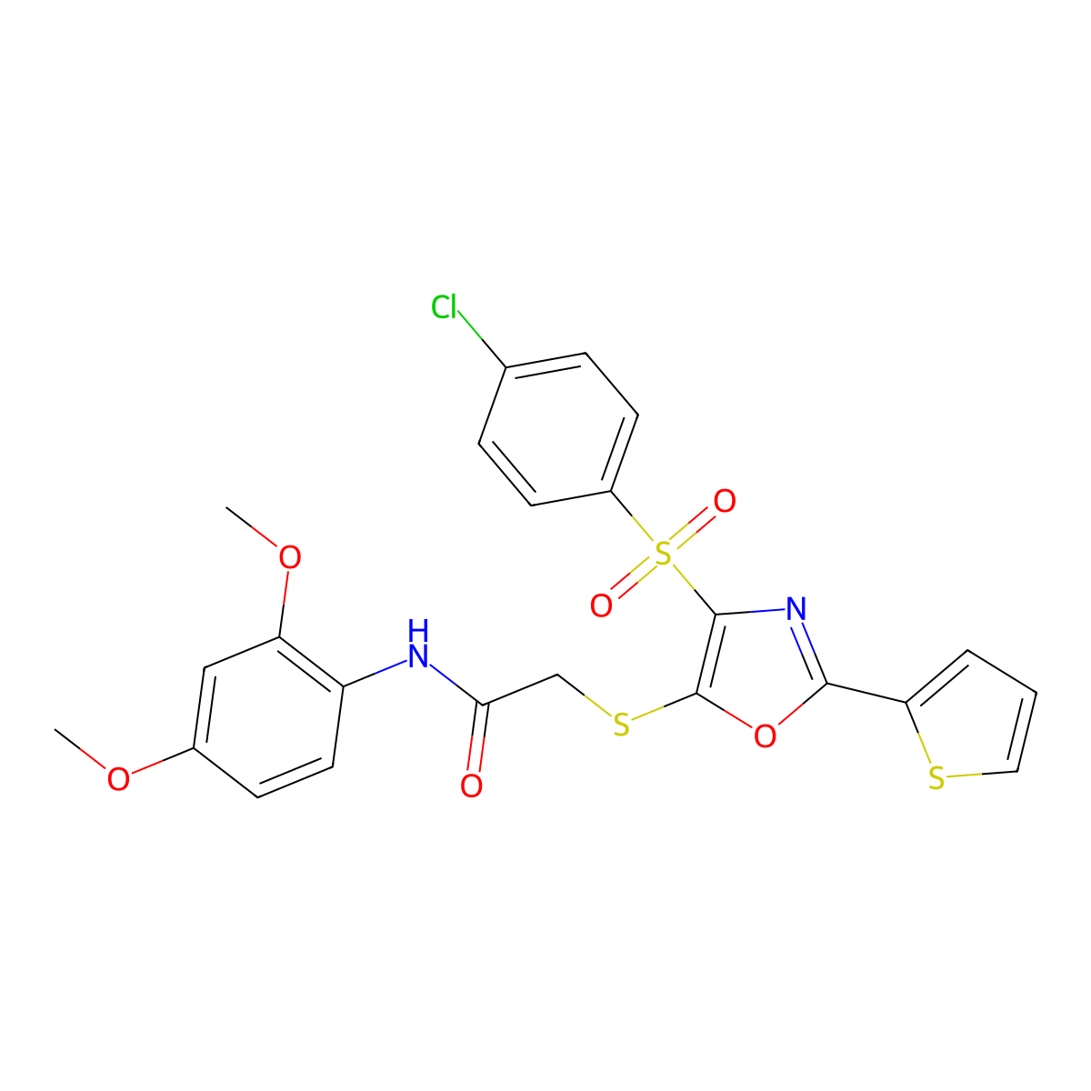2-((4-((4-chlorophenyl)sulfonyl)-2-(thiophen-2-yl)oxazol-5-yl)thio)-N-(2,4-dimethoxyphenyl)acetamide molecular structure, CAS 850928-04-0