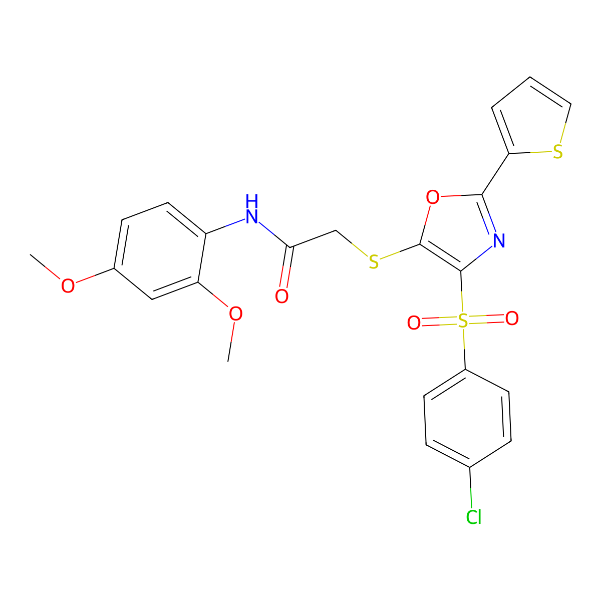 2-((4-((4-chlorophenyl)sulfonyl)-2-(thiophen-2-yl)oxazol-5-yl)thio)-N-(2,4-dimethoxyphenyl)acetamide molecular structure, CAS 850928-04-0