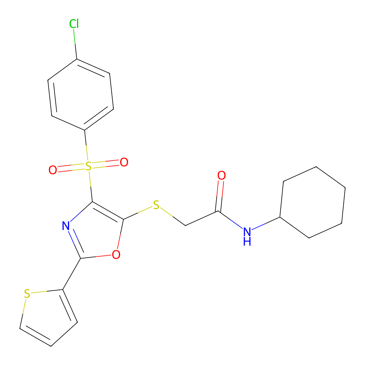 2-[[4-(4-chlorophenyl)sulfonyl-2-thiophen-2-yl-1,3-oxazol-5-yl]sulfanyl]-N-cyclohexylacetamide molecular structure, CAS 850928-05-1