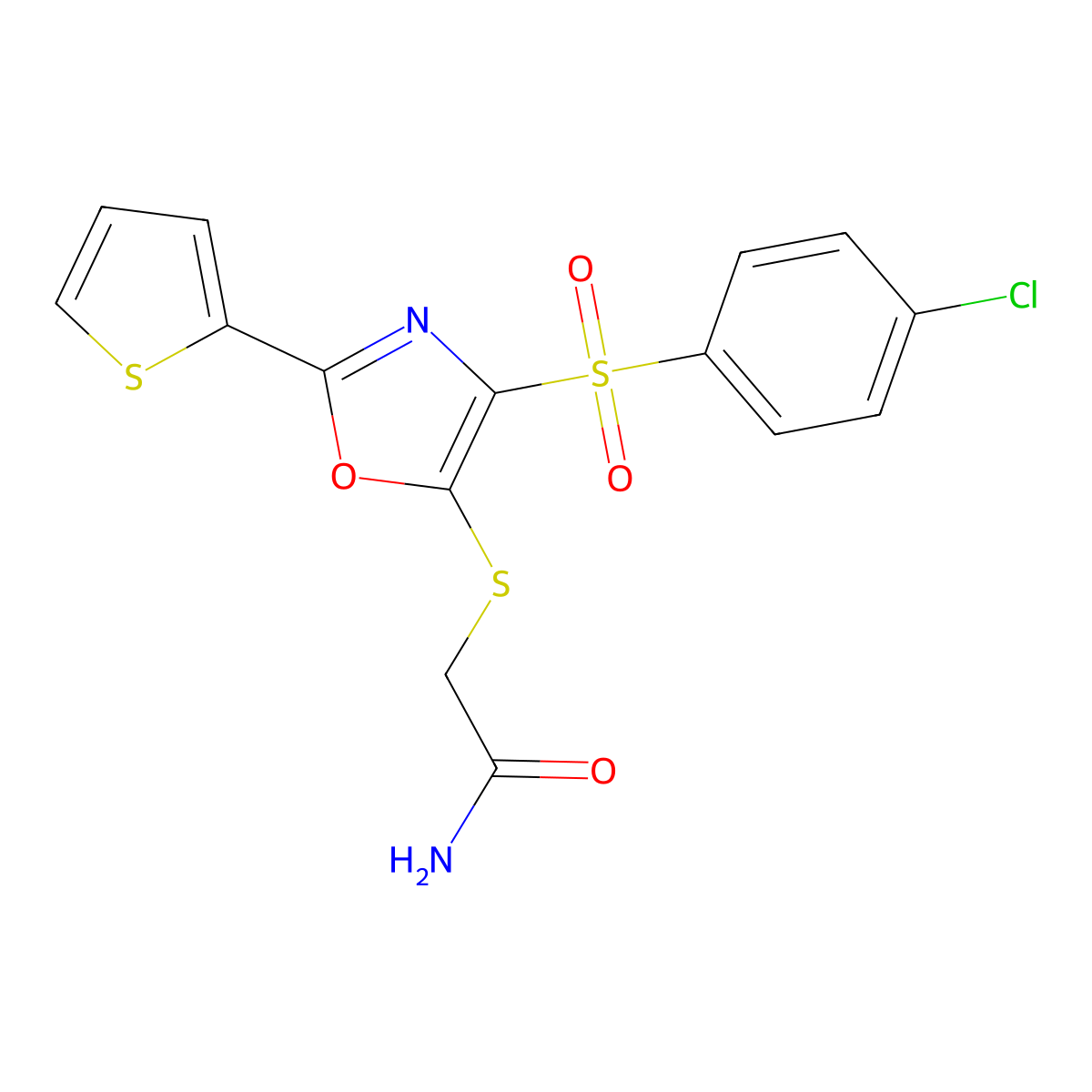2-{4-[(4-Chlorophenyl)sulfonyl]-2-(2-thienyl)-1,3-oxazol-5-ylthio}acetamide molecular structure, CAS 850928-07-3