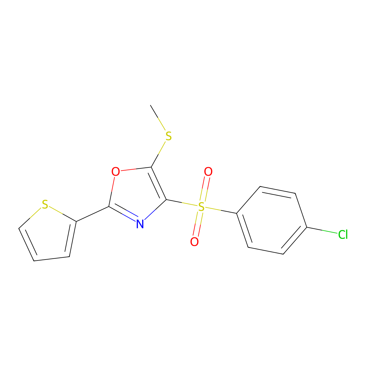 4-(4-Chlorobenzenesulfonyl)-5-(methylsulfanyl)-2-(thiophen-2-yl)-1,3-oxazole molecular structure, CAS 850928-09-5