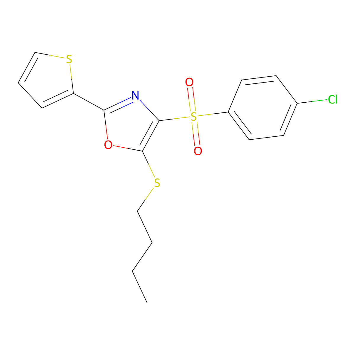 5-(Butylthio)-4-((4-chlorophenyl)sulfonyl)-2-(thiophen-2-yl)oxazole molecular structure, CAS 850928-13-1