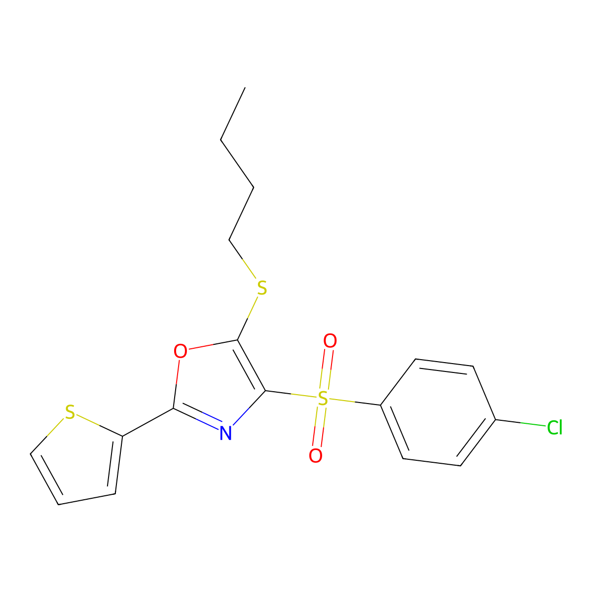 5-(Butylthio)-4-((4-chlorophenyl)sulfonyl)-2-(thiophen-2-yl)oxazole molecular structure, CAS 850928-13-1