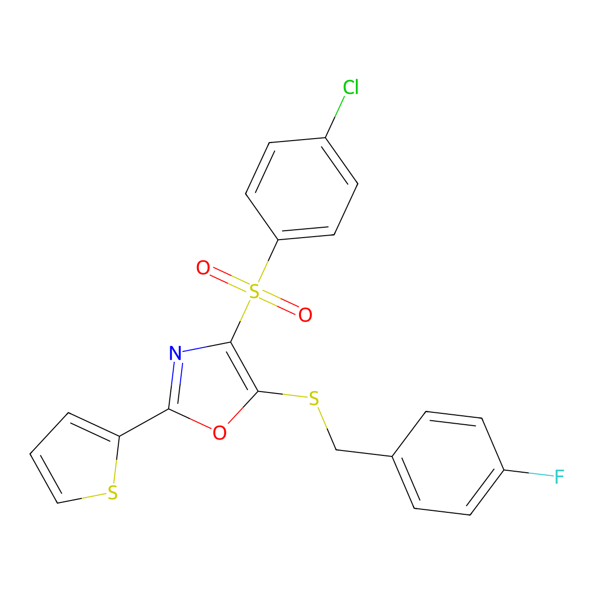 4-((4-Chlorophenyl)sulfonyl)-5-((4-fluorobenzyl)thio)-2-(thiophen-2-yl)oxazole molecular structure, CAS 850928-15-3