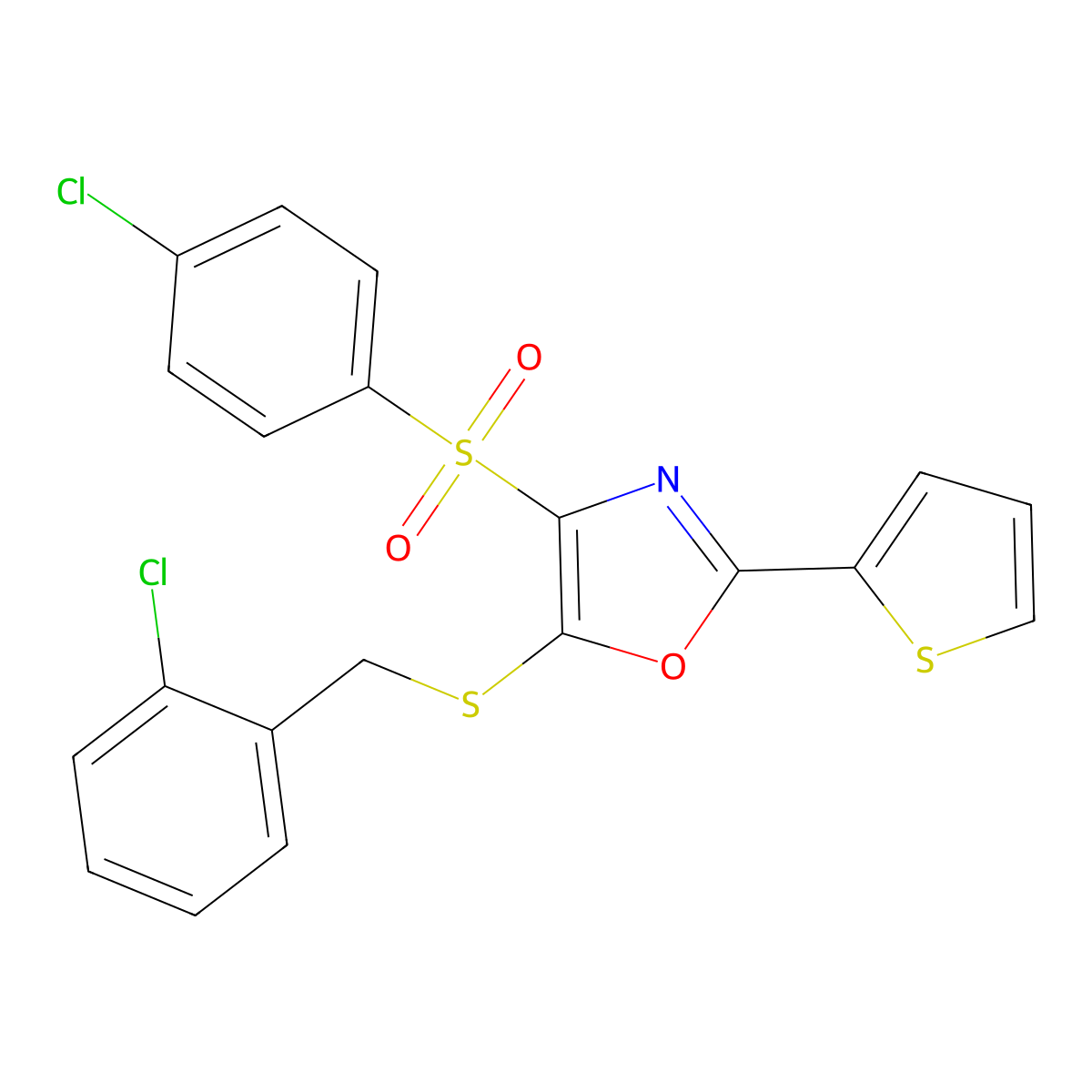 5-[(2-Chlorobenzyl)thio]-4-[(4-chlorophenyl)sulfonyl]-2-thien-2-yl-1,3-oxazole molecular structure, CAS 850928-17-5