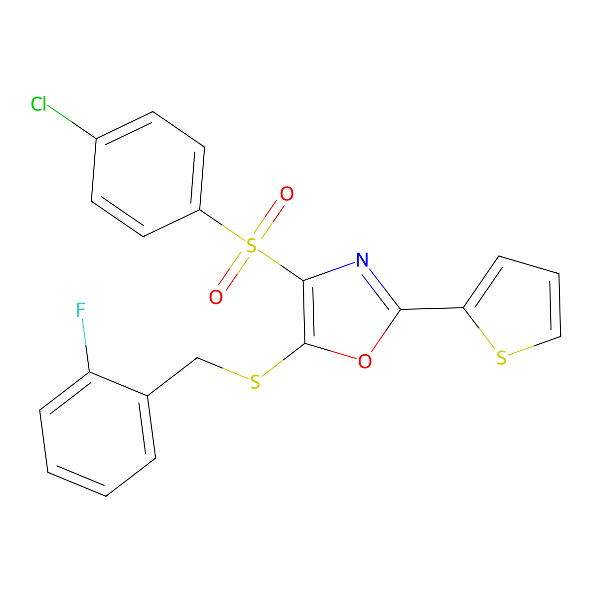4-((4-Chlorophenyl)sulfonyl)-5-((2-fluorobenzyl)thio)-2-(thiophen-2-yl)oxazole molecular structure, CAS 850928-19-7
