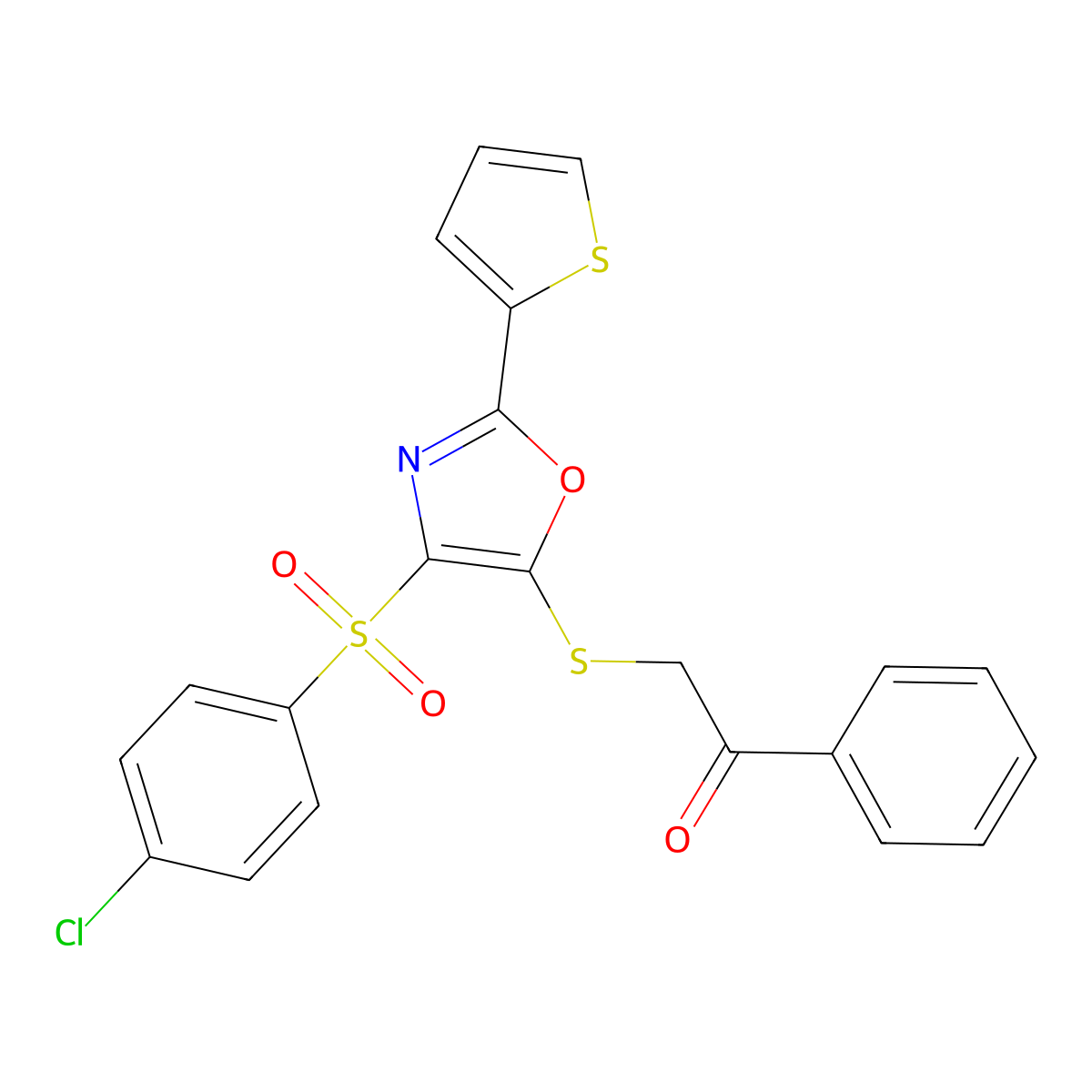 2-((4-((4-Chlorophenyl)sulfonyl)-2-(thiophen-2-yl)oxazol-5-yl)thio)-1-phenylethanone molecular structure, CAS 850928-20-0