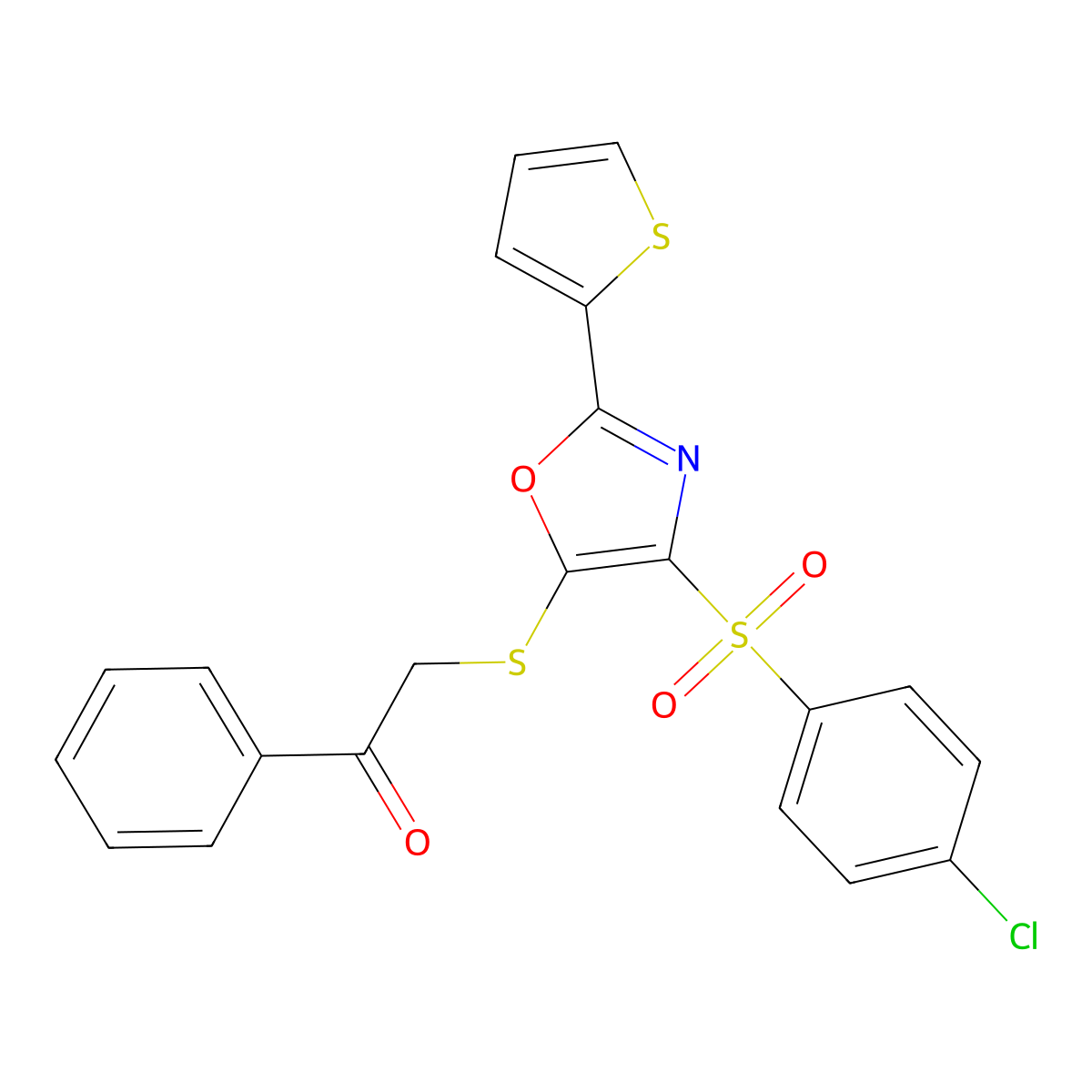 2-((4-((4-Chlorophenyl)sulfonyl)-2-(thiophen-2-yl)oxazol-5-yl)thio)-1-phenylethanone molecular structure, CAS 850928-20-0