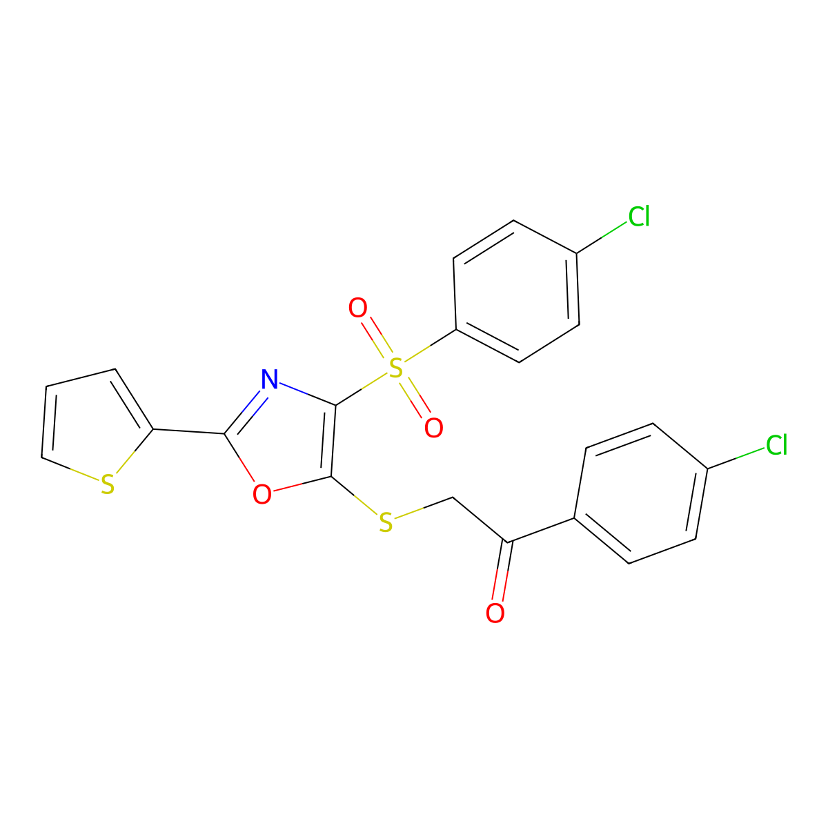 1-(4-Chlorophenyl)-2-((4-((4-chlorophenyl)sulfonyl)-2-(thiophen-2-yl)oxazol-5-yl)thio)ethanone molecular structure, CAS 850928-21-1