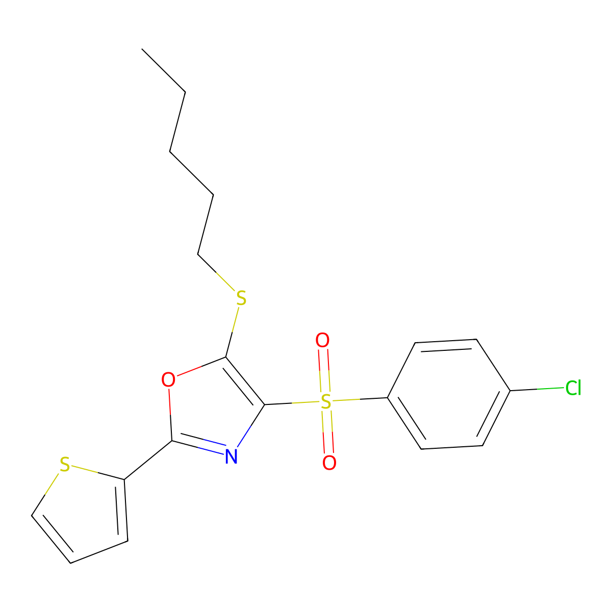 4-((4-Chlorophenyl)sulfonyl)-5-(pentylthio)-2-(thiophen-2-yl)oxazole molecular structure, CAS 850928-23-3