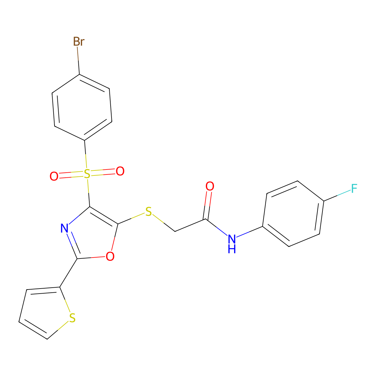 2-[[4-(4-bromophenyl)sulfonyl-2-thiophen-2-yl-1,3-oxazol-5-yl]sulfanyl]-N-(4-fluorophenyl)acetamide molecular structure, CAS 850928-24-4