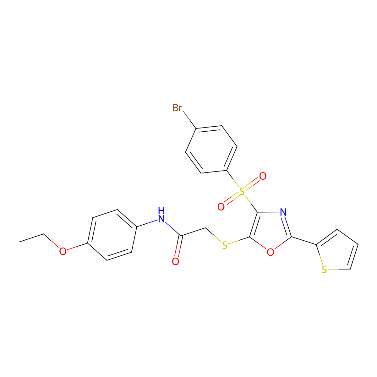 2-((4-((4-bromophenyl)sulfonyl)-2-(thiophen-2-yl)oxazol-5-yl)thio)-N-(4-ethoxyphenyl)acetamide molecular structure, CAS 850928-25-5