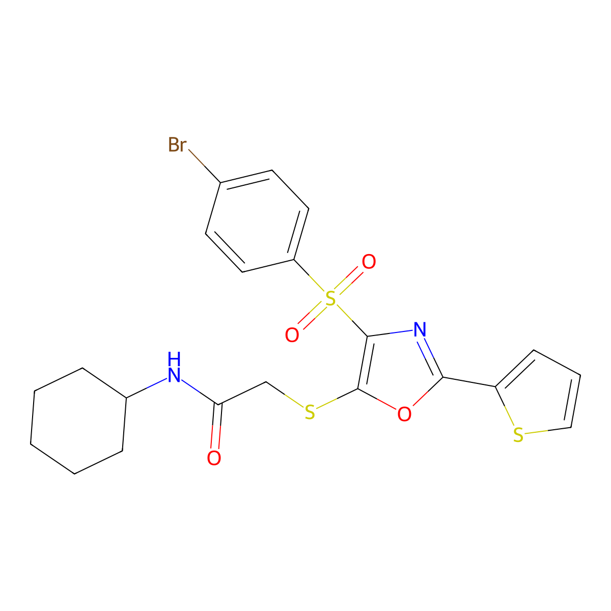 2-({4-[(4-bromophenyl)sulfonyl]-2-(thiophen-2-yl)-1,3-oxazol-5-yl}sulfanyl)-N-cyclohexylacetamide molecular structure, CAS 850928-28-8