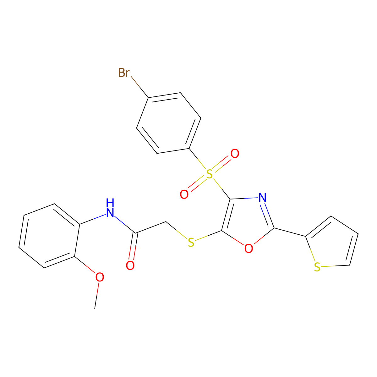 2-((4-((4-bromophenyl)sulfonyl)-2-(thiophen-2-yl)oxazol-5-yl)thio)-N-(2-methoxyphenyl)acetamide molecular structure, CAS 850928-31-3