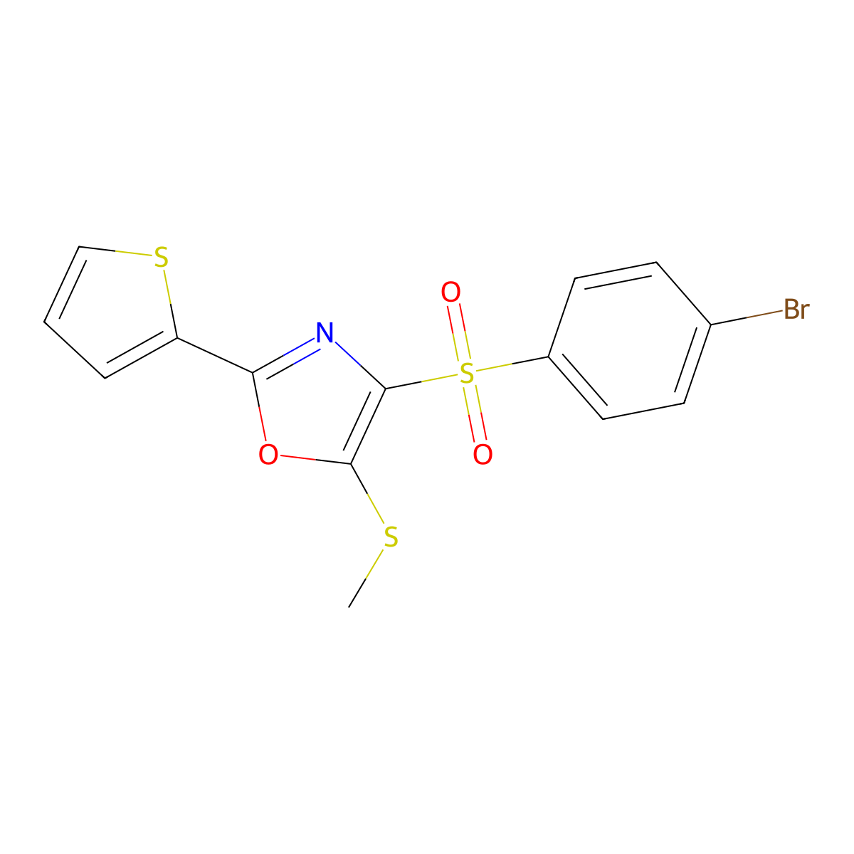 4-((4-Bromophenyl)sulfonyl)-5-(methylthio)-2-(thiophen-2-yl)oxazole molecular structure, CAS 850928-32-4