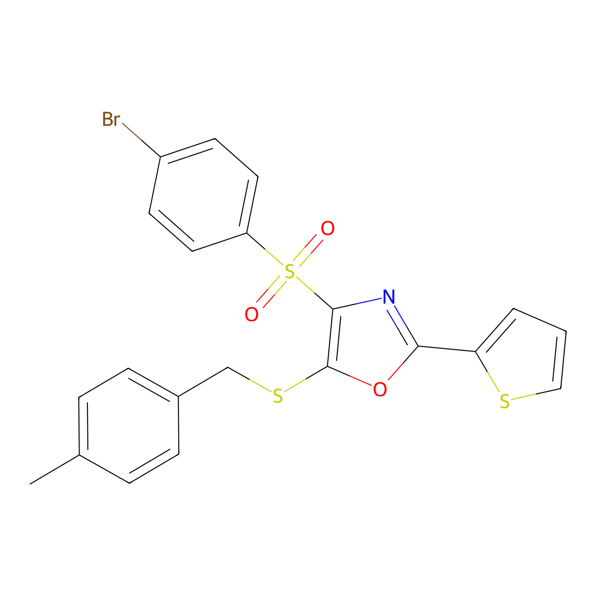 4-((4-Bromophenyl)sulfonyl)-5-((4-methylbenzyl)thio)-2-(thiophen-2-yl)oxazole molecular structure, CAS 850928-39-1